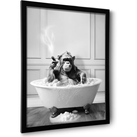 Art mural décoratif encadré pour la salle de bain, Chimpanzé dans la baignoire, Art mural noir et blanc, Signes décoratifs amusants pour le mur de la salle de bain, Art animalier mignon pour la maison (1/5)