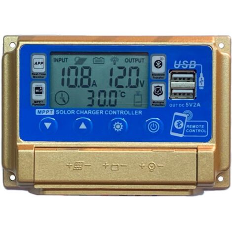 MPPT Régulateur de charge solaire 30 A 12 V 24 V avec écran LCD, double USB, communication par application, tension de charge réglable, convient pour plomb-acide, gel, FLD, lithium