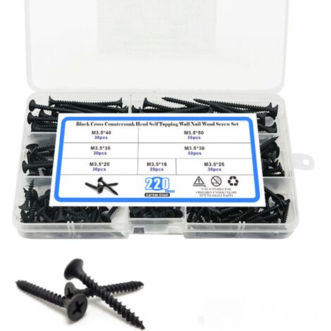 220pcs set noir plus croix dure tête fraisée plate vis auto - taraudeuse, vis en bois de plâtre, clous à paroi sèche (1/5)