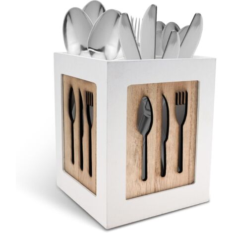 Range-couverts, 4 compartiments, Porte-couverts en bois, Organisateur de couverts, our cuillères, fourchettes, couteaux, boîte de rangement de table 14,5 x 12 x 12 cm (1/5)