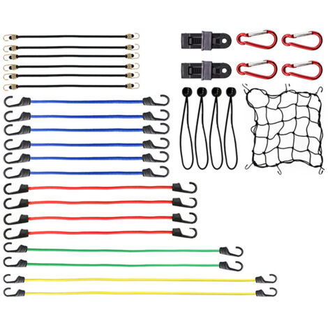 Tendeurs élastiques Haute Qualité avec crochets, Lot de 32 pièces sandows, clips pour bache, filet elastique. Livré avec valise de transport. (1/5)