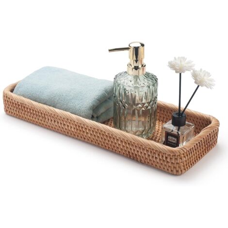 Plateaux Salle de Bain en Rotin Paniers de Rangement pour Toilettes Rectangulaire (Naturel 41.5 x 15.5 x 5cm) (1/5)