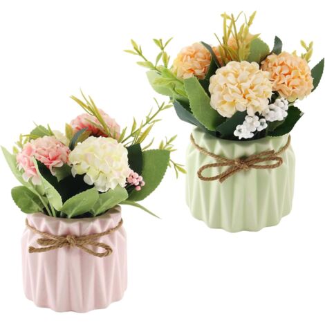 Fleurs Artificielles en Pot avec Vase en Céramique, 2 Pièces Fleur Artificielle en Pot Deco Maison, Convient pour Les Mariages, Les Bureaux et Les Tables à Manger, Rose, Vert (1/5)