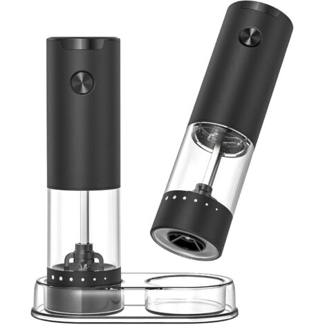 Ensemble de Moulin à Sel et Poivre Électrique Moulin à Épices à Piles avec Base, Récipient Transparent de 95ml, Lumière LED Blanche et Grosseur Réglable par L'extérieur, Noir (1/5)