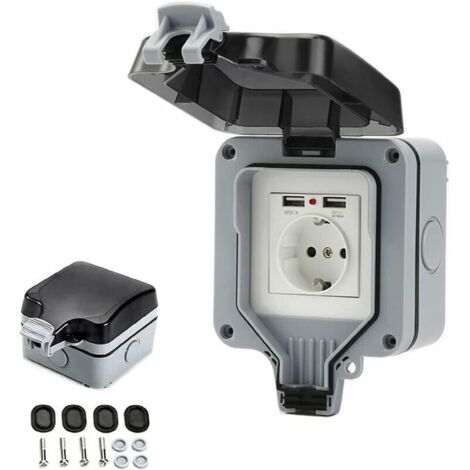 Prise Étanche IP66 avec Connexions USB Prise Électrique Extérieure avec Couvercle Boîtier de Prise Murale pour Jardin Garage Piscine (1/5)