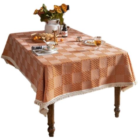 Grande nappe, 140x300 cm, en polyester, idéale pour les mariages, motif jacquard géométrique, avec pompons. (1/5)