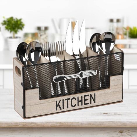 Porte-couverts en bois 4 compartiments, rangement à couverts pour table, rangement décoratif pour couverts, panier à couverts, porte-ustensiles de cuisine pour fourchettes, couteaux (1/5)