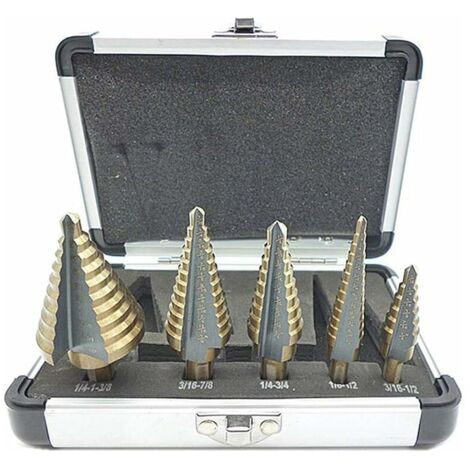Forets étagés 5 Pcs Foret Fraise Meche Etage, Foret Étagé, avec Boîtier en Aluminium Professionnel, Tige Hexagonale, avec Tampon de Centrage Automatique, Perçage Précis Dans L'acier, le Méta Pour une (1/5)