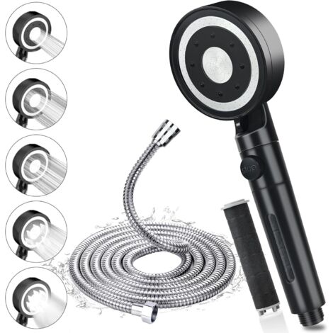 Pommeau de Douche Haute Pression, Pommeau de Douche avec Tuyau 1.5m en Acier Inoxydable 304, Pommeau Douche Économie d'Eau Anti Calcaire, Douchette Douche Filtrant avec 5 Modes de Jet, Chrome, Noir (1/5)