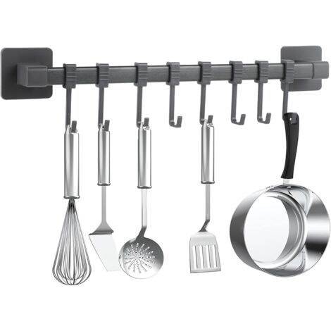 Patère de cuisine sans perçage, autocollante, noire, crochet mural mobile pour ustensiles de cuisine, ustensiles de cuisine, porte-couteaux, 8 crochets (1/5)