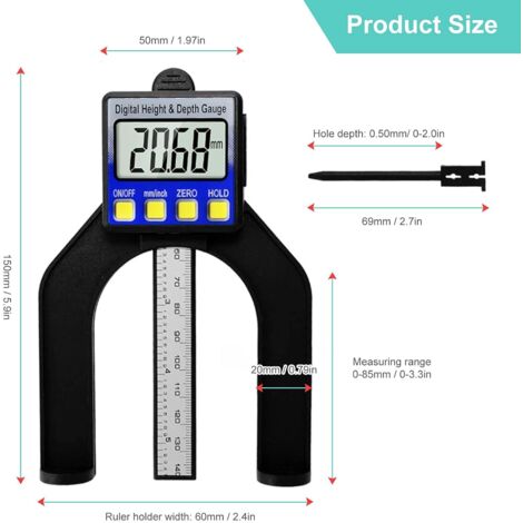 Jauge de Profondimètre Numérique Hauteur 0-80mm LCD Jauge de Hauteur pour Le Travail du Bois et la Construction de Machines (1/5)