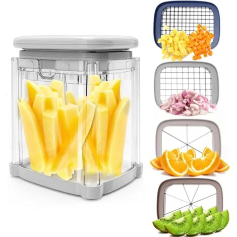 French Fry Cutter 4 en 1 Cutter de cale de Pomme Terre avec 4 Lames Manuelles Press Food Chopper avec récipient pour Les légumes Fruits. (1/5)