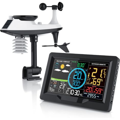 Station météo Radio réveil avec capteur extérieur 5en1, Weather Station, prévisions météorologiques, anémomètre, pluviomètre, thermomètre, hygromètre, baromètre, Heure DST, Panneau Solaire