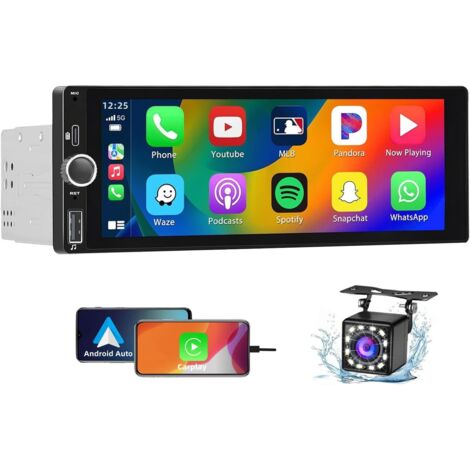 Autoradio 1 DIN Bluetooth avec Carplay et Android Auto – Écran tactile 6.9" HD – Caméra de recul HD étanche – FM/USB/EQ (1/5)