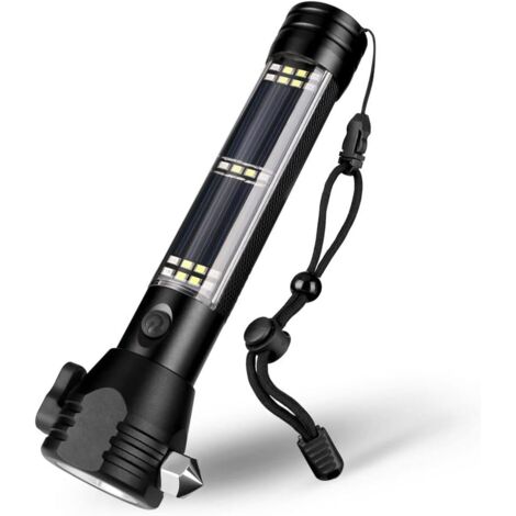 Lampe de Poche Solaire Lampe de Poche de Voiture 268 Lumens LED COB Light USB Rechargeable Tactique Multi-Fonction Torche Outil d'urgence avec Brise-vitre Coupe-Ceinture Boussole (1pcs) (1/5)
