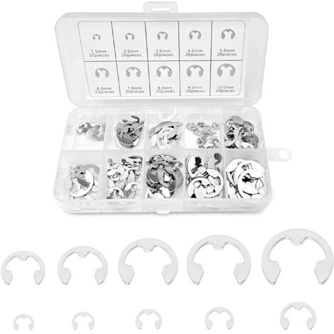 200 Pièces Circlips Interne Acier Inoxydable, E-Clips Anneau de Retenue Externe Snap, Circlip avec Boîte de Rangement, Anneau Circlip de 10 Tailles 1.5mm-10mm pour Goujons Arbres Rainurés (1/5)