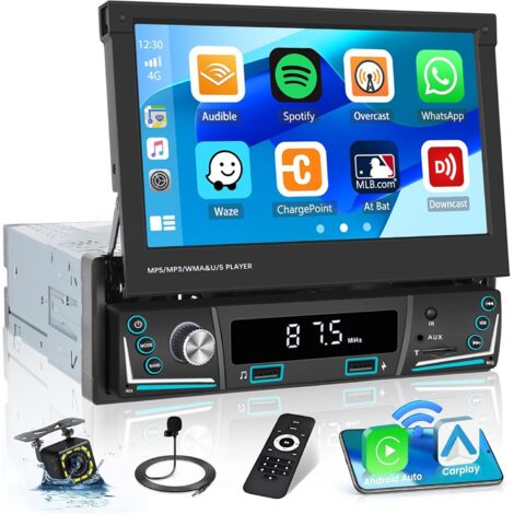 Autoradio 1 Din sans fil Bluetooth 5.0 – Écran tactile 7 pouces – Carplay et Android Auto – Caméra de recul étanche – FM/AM USB AUX (1/5)