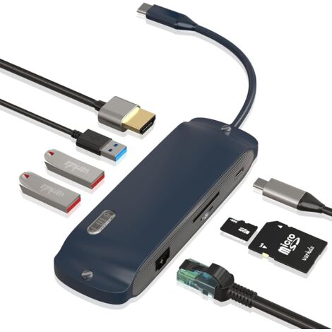 USB C Hub,USB C Adapter 8in1 Marineblauer Mundharmonika-Stil,mit Gigabit RJ45 Ethernet,3×USB,4K HDMI,100W PD und SD/TF, Dockingstation Kompatibel mit MacBook Pro & Air USB C Laptops (1/5)