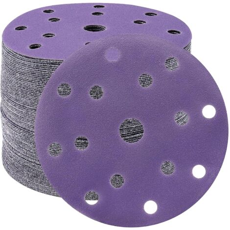 Disques abrasifs 150mm grain 240 – Lot de 50 pièces – Dos auto-agrippant 15 trous – Pour ponceuse orbitale – Couper 30% plus vite