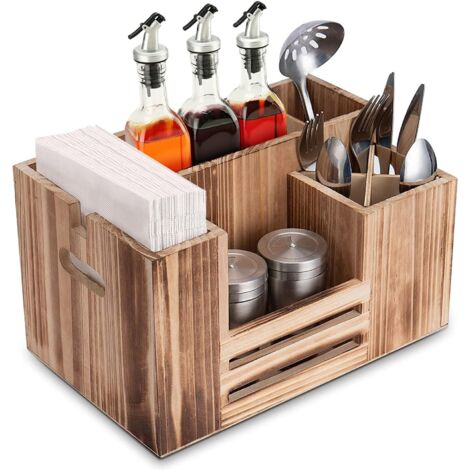 Panier à couverts en bois, range-couverts pour couverts, serviettes, salière et sauces, 8 compartiments pour ustensiles de cuisine (1/5)