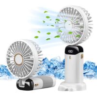 Hand Held Fan,Portable Handheld USB Rechargeable Fans with 5 Speeds,Battery Operated Mini Fan Foldable Desk Desktop Fans with LED Display for Home Office Bedroom Outdoor Travel (White)