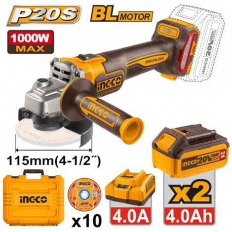 SMERIGLIATRICE BRUSHLESS 1000W D115MM C/2 BATTERIE.4ah INGCO