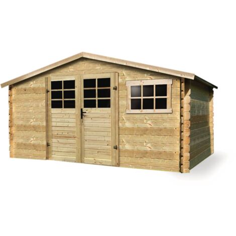 Solid – Abri de jardin bois 11.56 m² – Dimensions extérieures 388 x 298 x 218 cm – Épaisseur madriers 28 mm – Toiture feutre bitumé (1/2)