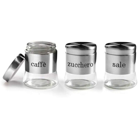 Set di 3 barattoli in vetro e acciaio inox per caffè, zucchero e sale – Capacità 750 ml – Dimensioni 11 x 14 cm – Colore argento – Gicos (1/3)