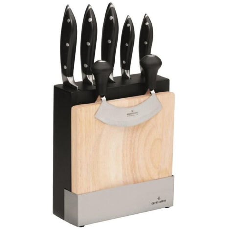 Ceppo Portacoltelli in Legno 5 Coltelli Forgiati + Mezzaluna e Tagliere Ghidini (1/2)