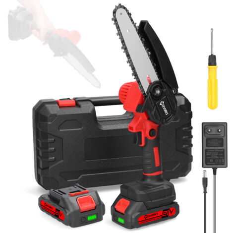 Scie à Chaîne 21V 6" Mini - Tronçonneuse Électrique Portable (Rouge) - 2 Batteries 1300mAh Makita LED + Chargeur - Sécurité Enfant - Pour Jardin, Élagage et Bois - Moteur à Balais - Emballage Coffret (1/5)