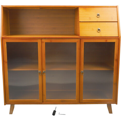Buffet de cuisine scandinave en bambou - 3 portes translucides, 2 étagères et 2 tiroirs - Meuble de rangement multifonction moderne et minimaliste pour salon ou salle à manger - Idéal pour petits espa (1/5)