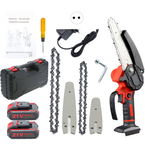 Tronçonneuse électrique sans fil 21V (10-24cm) - Scie à chaîne portable avec batterie et 2 chaînes - Sécurité à verrouillage - Pour élagage et coupe de bois - Conforme CE 100-240V (rouge) (1/5)
