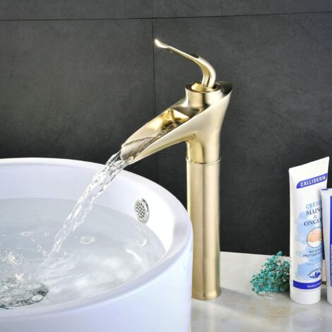 Robinet de salle de bain en laiton massif – Mitigeur lavabo cascade – Valve en céramique anti-goutte – Finition or brossé