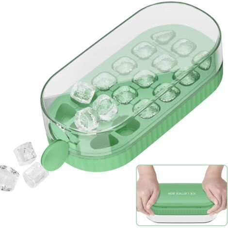 Bac a Glacon avec Couvercle, 18 Pièces Moules Glaçons Presser en Silicone pour Congélateur, Dégagement Facile, Remplissage Rapide Sans Toucher, Bac à Glaçons pour Cocktails, Whisky, Café, Vert (1/5)