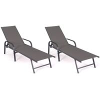 Idmarket – Lot de 2 transats inclinables gris anthracite – Structure acier – Toile textilène – 5 positions – Charge max 130kg – Dimensions 185x58x50cm