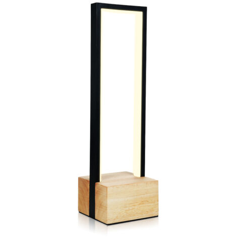 Lampada da comodino a LED con struttura in alluminio nero e base in legno, controllo touch, 3 colori e temperatura di colore regolabili. (1/5)
