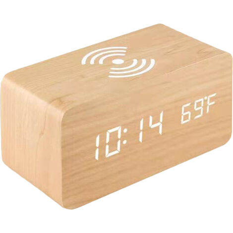 Sveglia digitale in legno con display LED dell'ora, ricarica wireless da 10 W, 3 allarmi, visualizzazione di data e temperatura, colore giallo. (1/5)
