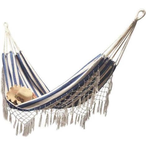 Hamac double à rayures de Bohême - Avec sac de transport - 200 x 100 cm - Bleu (1/5)