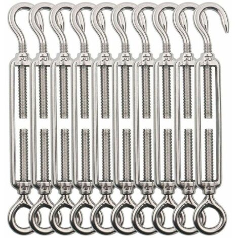 Tendeur Cable Crochet M5 (Crochet et oeil) , Tendeur Fil Acier / Tendeur Cable Inox en Acier Inoxydable 304 Pour Fil a linge , Cable Acier, Corde Acier -10 Pièces (1/5)