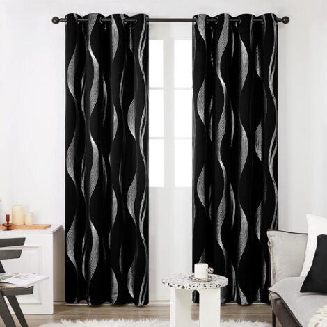 Lot de 2 Rideaux Salle à Manger Cuisine Chambre à Oeillets, 132x244cm, Halloween Noir, Motif Ligne Rideau de Porte Argenté Occultant Thermique L’hôtel Intérieur (1/5)