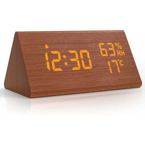 Réveil numérique LED horloge numérique bois, réveil numérique horloge de table avec commande vocale / snooze / date / température et humidité, pour table de chevet, chambre, nuit enfants et bureau - m (1/5)