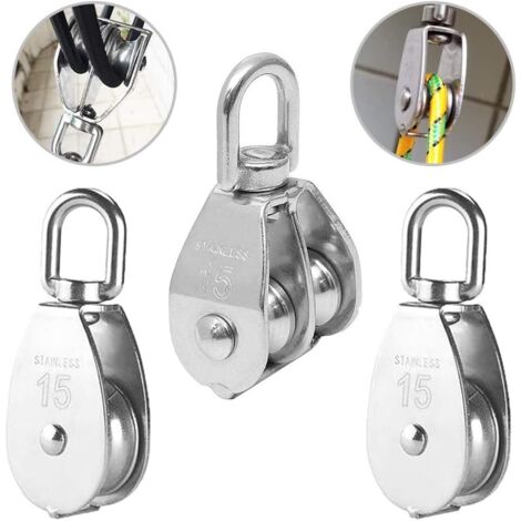 Litzee – Poulie double inox pivotante M15 – Lot de 3 – Charge maximale 35 kg – Angle de rotation 2360° pour levage et traction (1/5)
