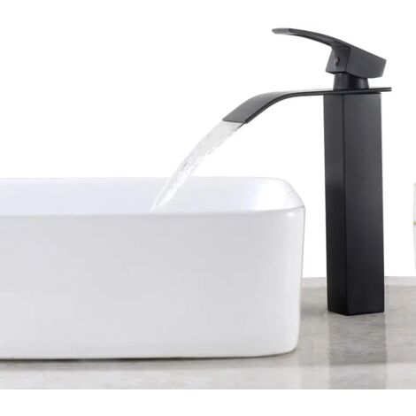 Robinet de Salle de Bain Cascade à Levier Unique Noir, Mitigeur de Lavabo Carré Laiton, Haut Mitigeur Vasque à Poser Eau Chaude et Froide (1/5)