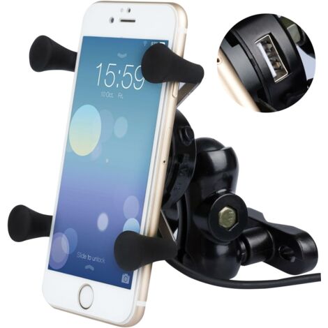 Litzee – Support smartphone moto rotatif 360° en aluminium X-Grip – Chargeur USB 5V 2.1A – Compatible tous téléphones 3,5-6 pouces (1/4)