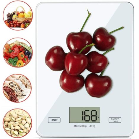 Balance de cuisine numérique professionnelle avec écran LCD – Excellente précision, jusqu'à 1 g – poids maximal de 5 kg, blanche (1/5)