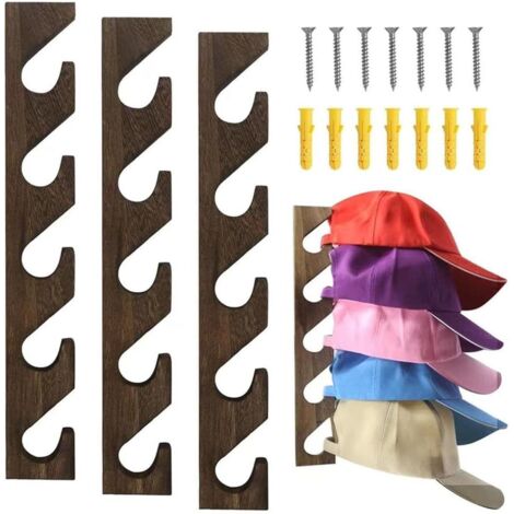 Lot de 3 porte-chapeaux pour casquettes de baseball, support mural vertical en bois pour casquettes de baseball, porte de placard, chambre à coucher, salon, entrée, buanderie (marron) (1/5)
