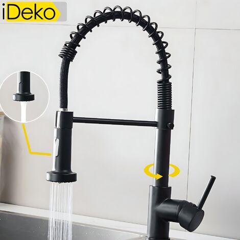 iDeko® Robinet de cuisine 2 jets de douchette multi fonction PRO rotation à 360 degrés moderne Noir (1/4)