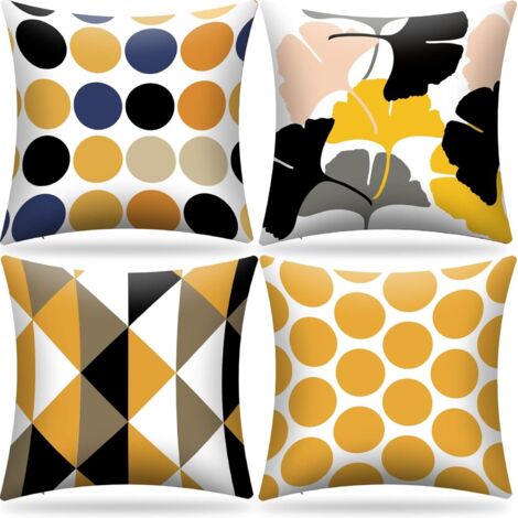 Housse de Coussin, Housse Coussin 45x45 Taie d'oreiller Lot de 4 Housses Coussin Decoratif Fleurs La Vie Marine Plante Tropicale Schéma pour Canapé Chaise de Salon (jaune géométrique) (1/5)