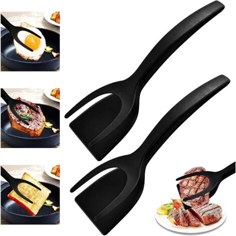 Spatule Cuisine Pince Spatule 2 en 1 Spatule pour Retourner Les Oeufs Pelle de Cuisine Anti-adhésive Multi-usages pour Pain Poisson Crêpe Toast Outil de Cuisine pour la Maison (2 Pièces/Noir) (1/5)