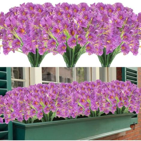Fleurs artificielles, 12 paquets de fleurs artificielles résistantes aux UV, pas de décoloration, faux buissons en plastique, décorations de jardinière pour porche de jardin (Violet) (1/5)